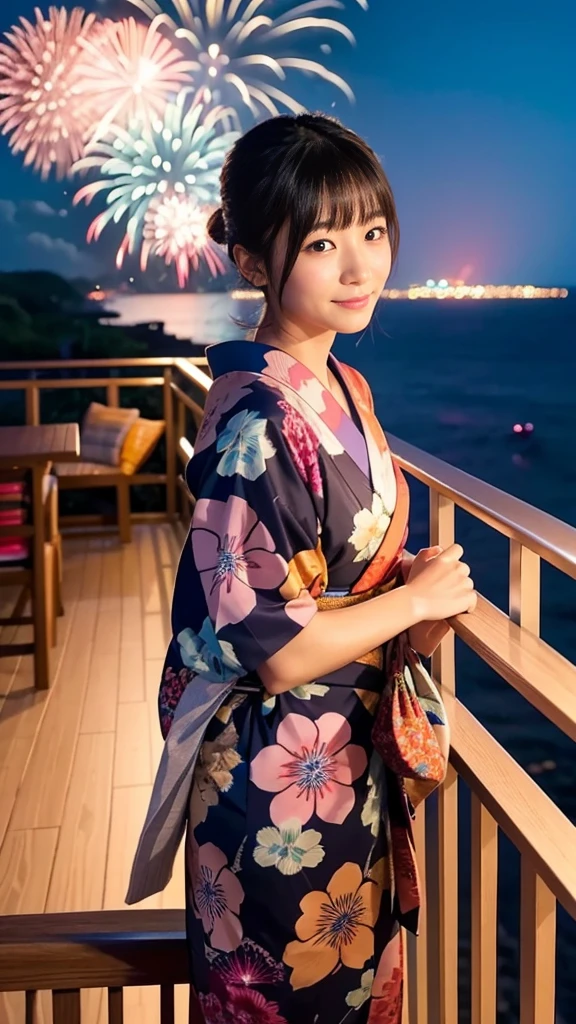 Japanese、Age 25、younger sister、Randomly generated people with diverse facial features and hairstyles々、Perfect Anatomy,Ocean、Balcony、firework、Night Sky、打ち上げfirework、yukata