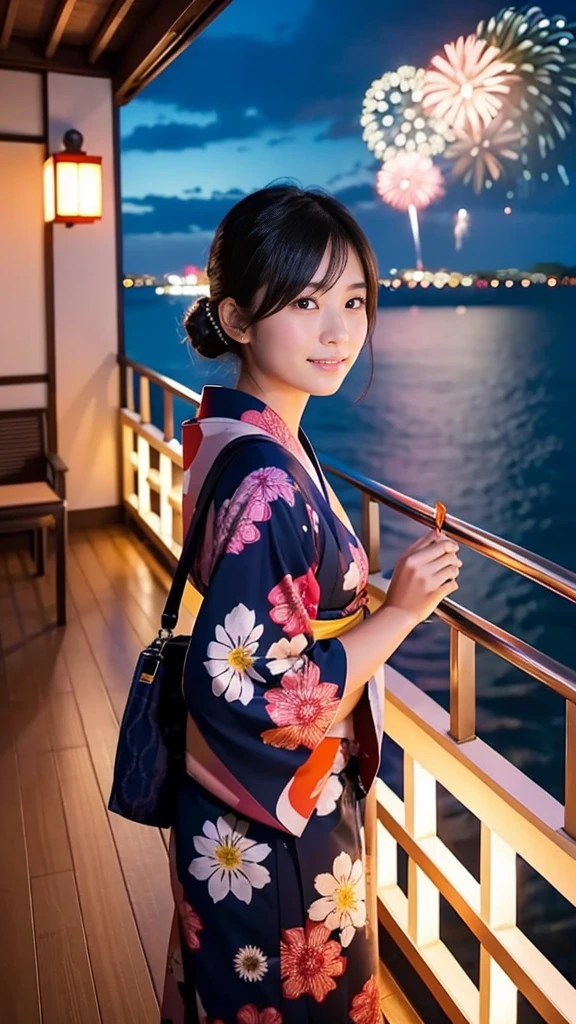 Japanese、Age 25、younger sister、Randomly generated people with diverse facial features and hairstyles々、Perfect Anatomy,Ocean、Balcony、firework、Night Sky、打ち上げfirework、yukata