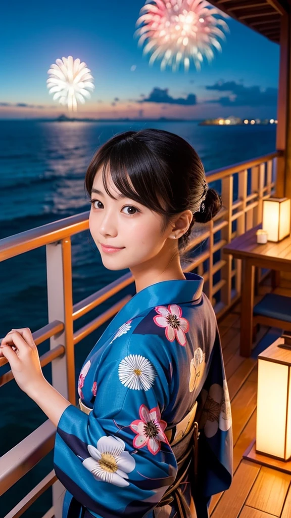 Japanese、Age 25、younger sister、Randomly generated people with diverse facial features and hairstyles々、Perfect Anatomy,Ocean、Balcony、firework、Night Sky、打ち上げfirework、yukata