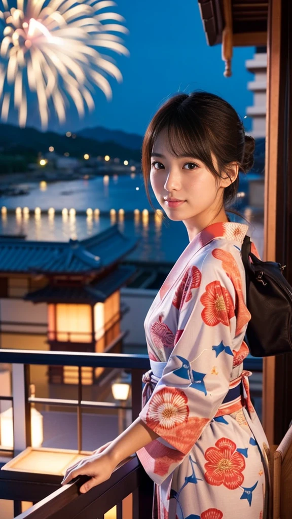 Japanese、Age 25、younger sister、Randomly generated people with diverse facial features and hairstyles々、Perfect Anatomy,Ocean、Balcony、firework、Night Sky、打ち上げfirework、yukata