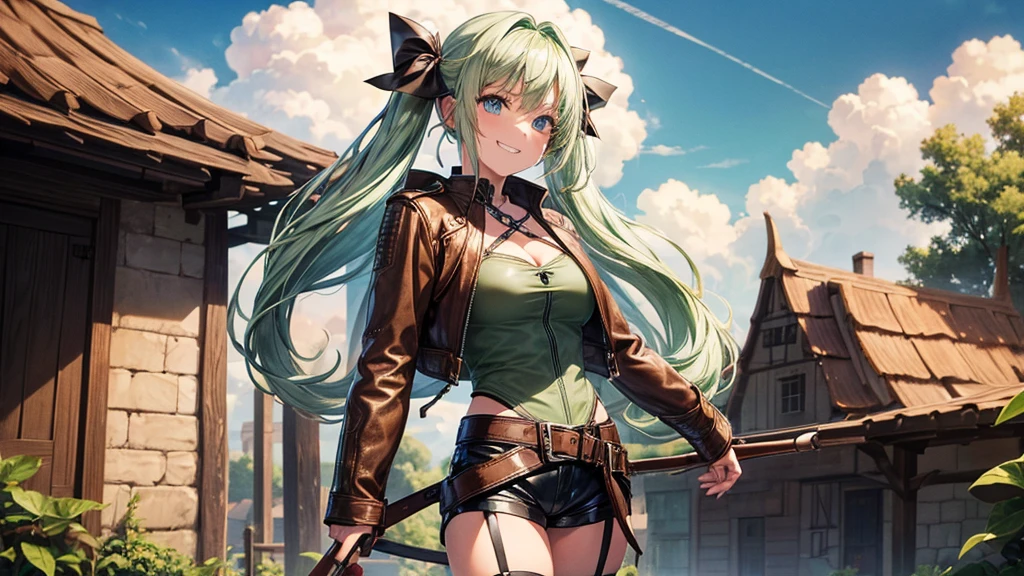 1girl, solo, village, houses, trees, sun, clouds, fantasy, medieval, ((pale green hair)), twintail, large breasts, ((brown leather jacket)), brown leather shorts, ((leather clothes)), cleavage 1:3, blue eyes, skirt, grin, looking at the viewer, standing, hair clip, golden necklate, bow in hand, archer