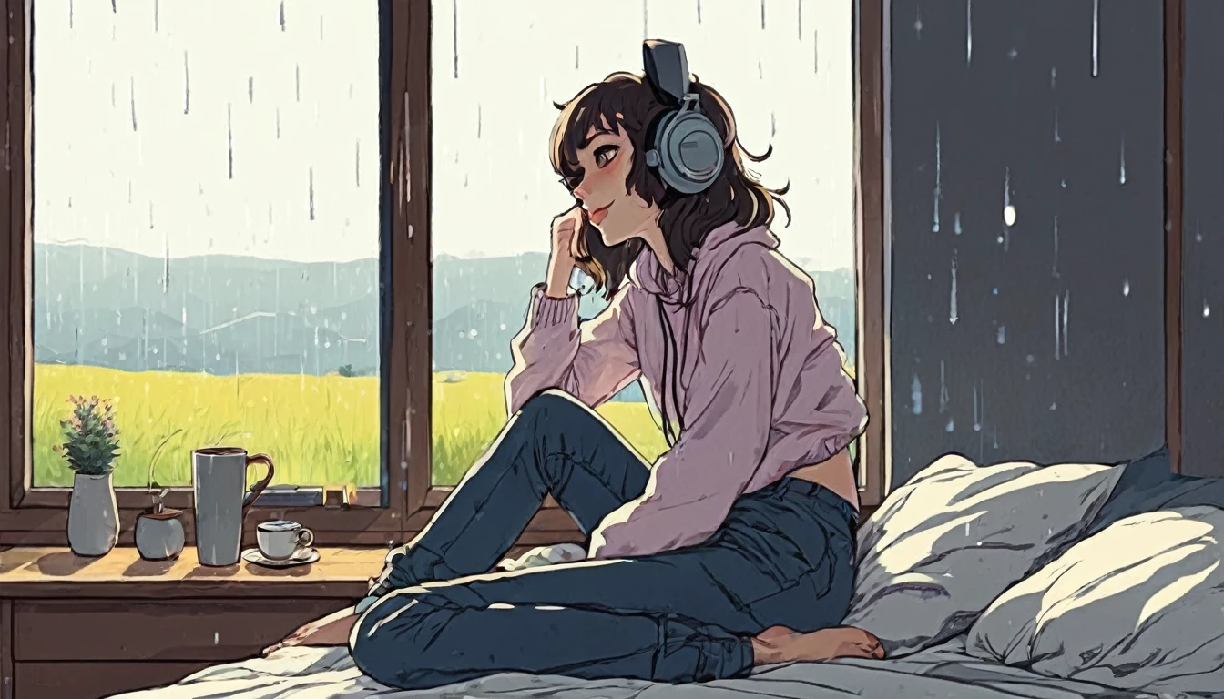 Lofi Song, sitting on the bed. looking at the window, having a coffee. listening to music on headphones, while looking out the window and seeing the rain falling