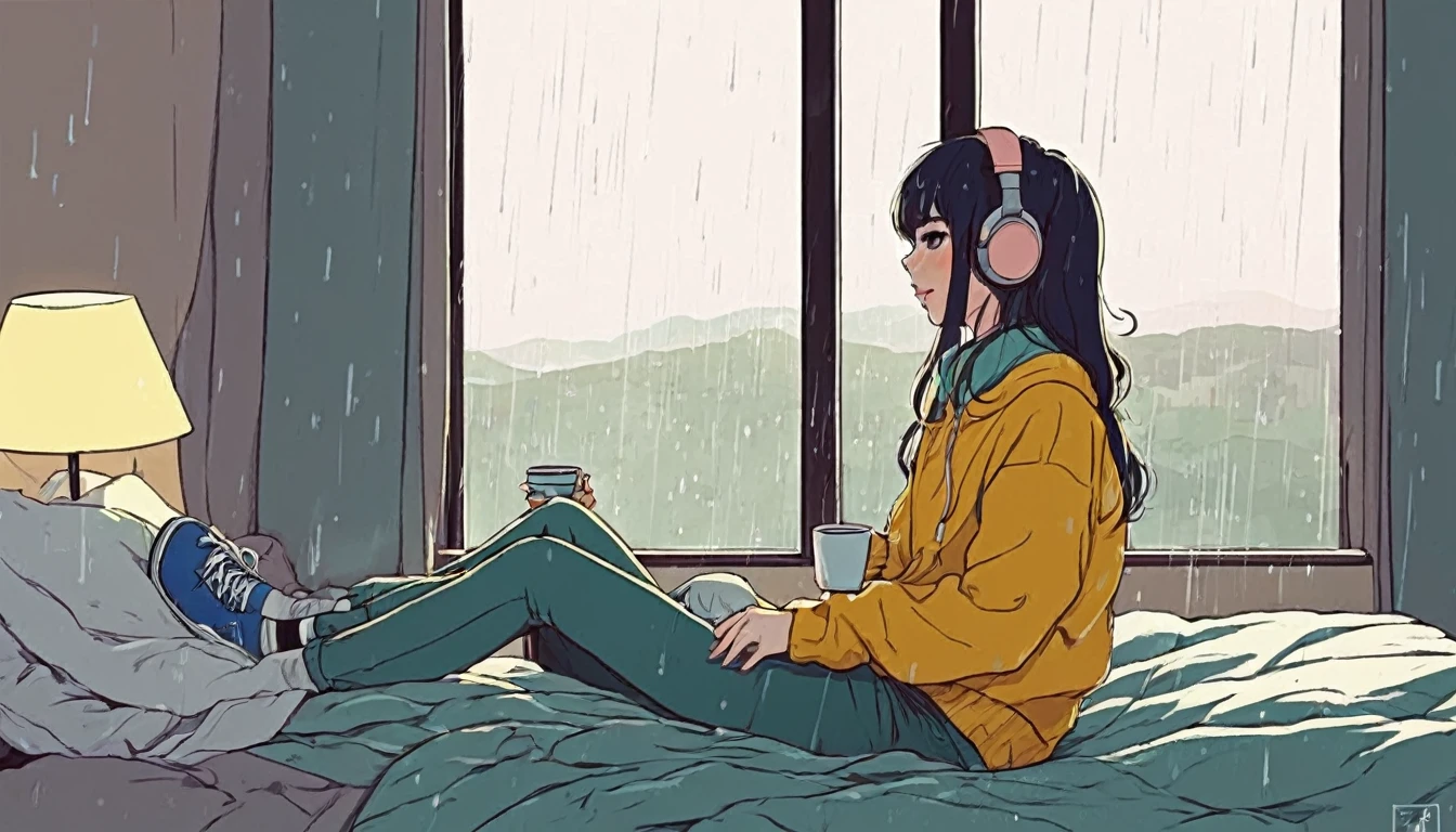 Lofi Song, sitting on the bed. looking at the window, having a coffee. listening to music on headphones, while looking out the window and seeing the rain falling