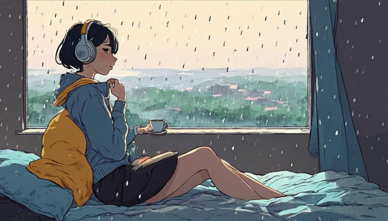 Lofi Song, sitting on the bed. looking at the window, having a coffee. listening to music on headphones, while looking out the window and seeing the rain falling