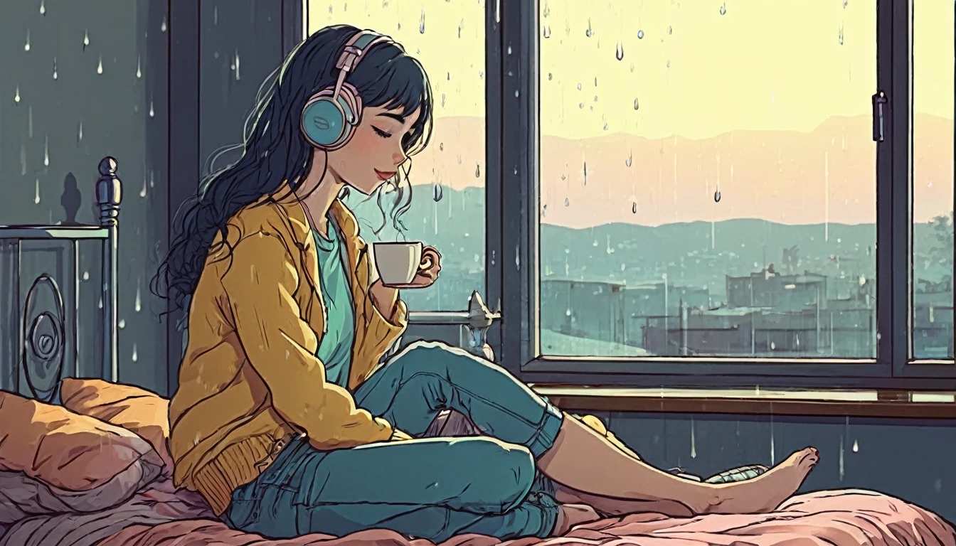 Lofi Song, sitting on the bed. looking at the window, having a coffee. listening to music on headphones, while looking out the window and seeing the rain falling