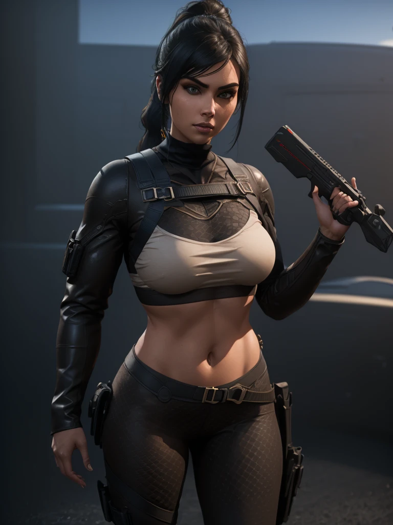 (full body portrait, 1 girl, looking at viewer, highly detailed, anatomy correct:1.4), tactical gear, coffee knee boots, (athletic body:1.3), coffee leggings, jewelry, black hair, ponytail hair, ski mask, (perfect face and hands:1.4), ((Best quality, masterpiece, Very beautiful woman)), Depth-of-field, Multi-layered textures, HDR (High Dynamic Range), Ray Tracing, NVIDIA RTX, Unreal 5, Subsurface scattering, PBR Texturing, Post-processing, Anisotropic Filtering, Maximum clarity and sharpness, Wide aperture, Low ISO, White balance, Rule of thirds, 8K RAW, (extremely slutty), (Highly realistic skin), sharp image, (extremely high quality artwork), ((no weapons)),