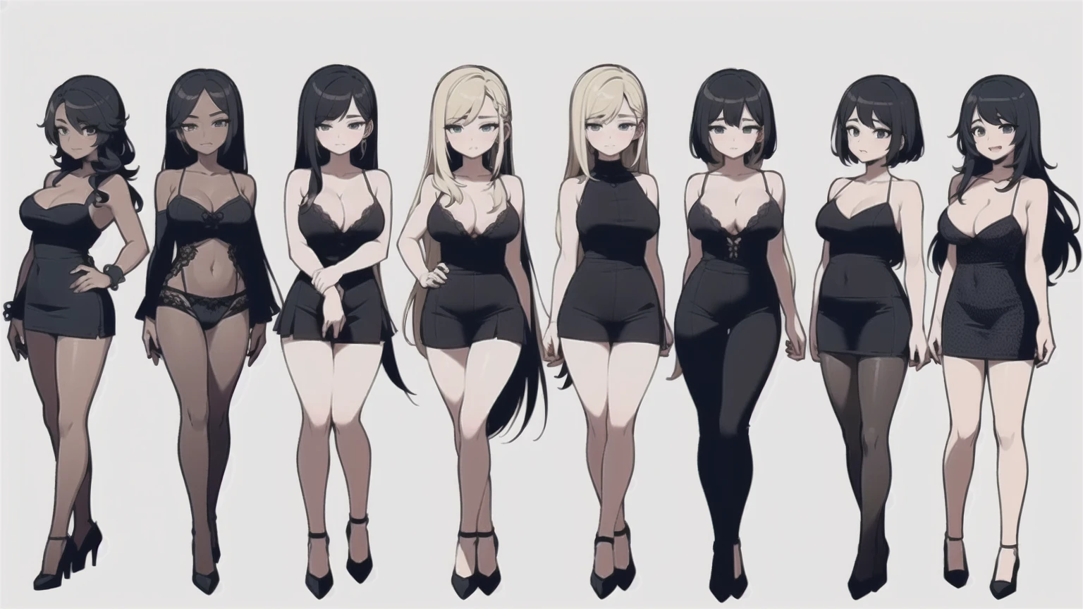 eight sexy women in lingerie with boy, women have closed eyes and opened mouths, various hair colors, portrait