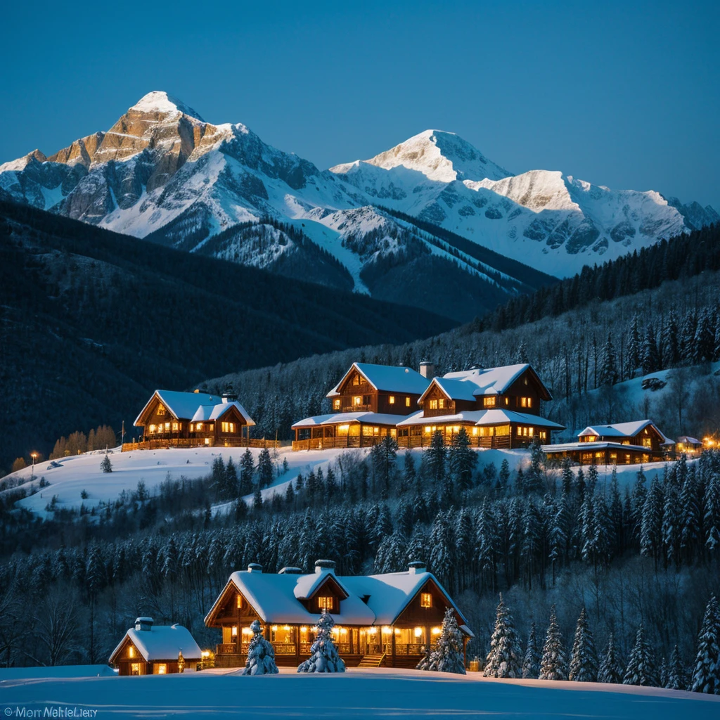Snowy mountain landscape at night with beautifully decorated southern houses on the mountain