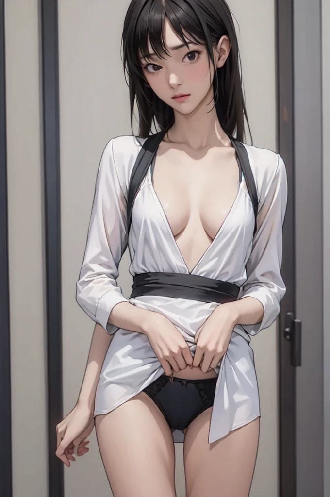 ((masterpiece, best quality)),((high resolution:1.3)), 1 Girl, solo, Cowboy Shot, Blurred Background, silky hair, (((Small breasts:1.3))), Thighs, (mini dress), ((show underwear)), ((dress lift))