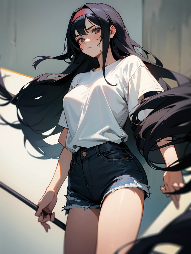 1girl, long black hair, black headband, gray eyes, wearing white shirt, denim shorts, bored expression, house, high res