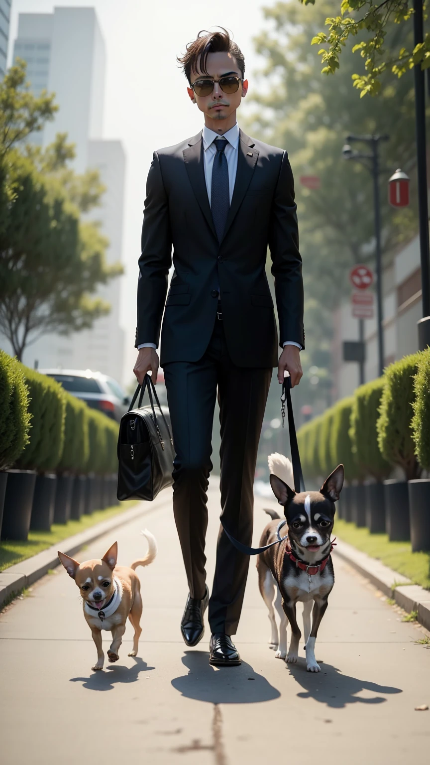 chihuahua with a human body dressed in a business suit walking with a dog and a puppy in a brown dog park

