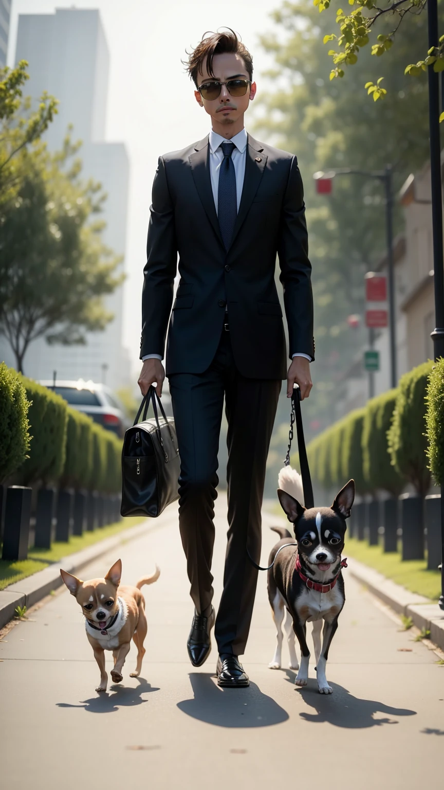 Chihuahua with a human body dressed in a business suit walking with identical dogs in the park
