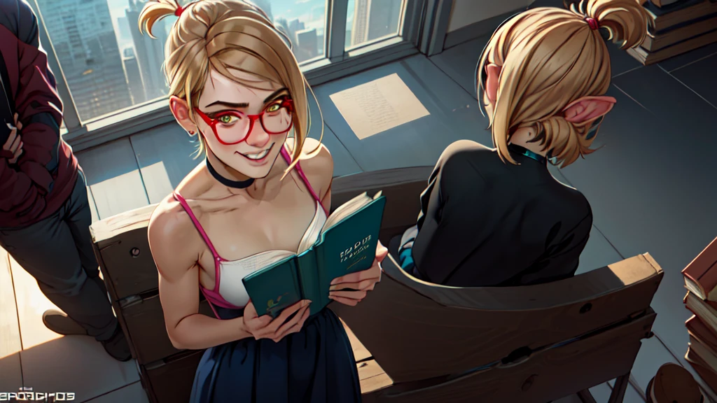 darcy, 1 girl,standing alone, glasses with red frame, teeths, yellow  eyes, hair blonde, ssmile, gazing at viewer, choker,trunk, short ponytail, face, reading a book, on a guy's lap, view from above, ass pov