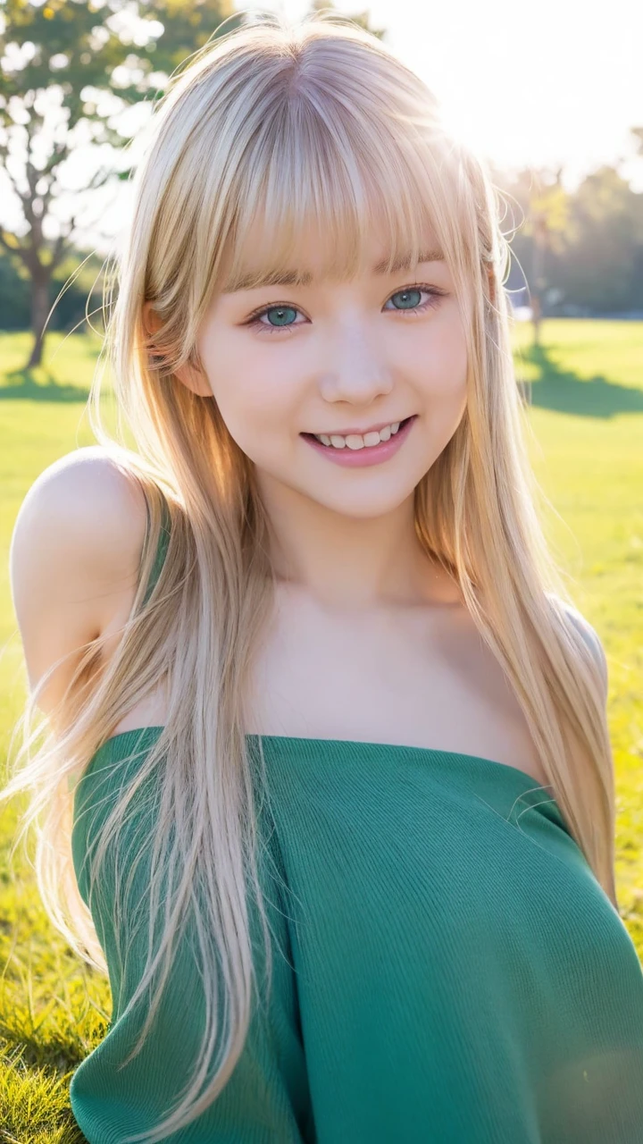 pale blonde age girl with bangs soft silky hair blue-green eyes taking a photo with the sun on her face in a square with grass on the ground , and smiling with her rosy cheeks and eyeliner
