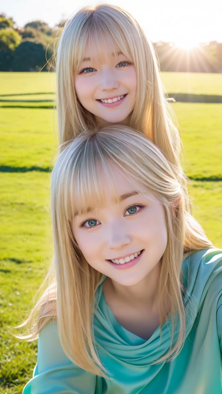 pale blonde girl with bangs soft silky hair blue-green eyes taking a photo with the sun on her face in a square with grass on the ground , and smiling with her rosy cheeks and eyeliner