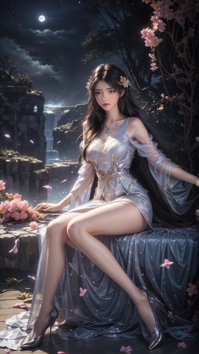 1girl, girl with long black hair, smiling, cheerful, the girl wearing white long dress, girl is lie down among a wide expanse of flowers,girl posing gracefully , surrounded by beautiful flowers, Calm and peaceful atmosphere, night, moonlight , Beautiful glowing butterflies surround the girl lighting up the darkness of the night, magic,Romantic, the night breeze blows the Sepoi Sepoi girl's hair, 