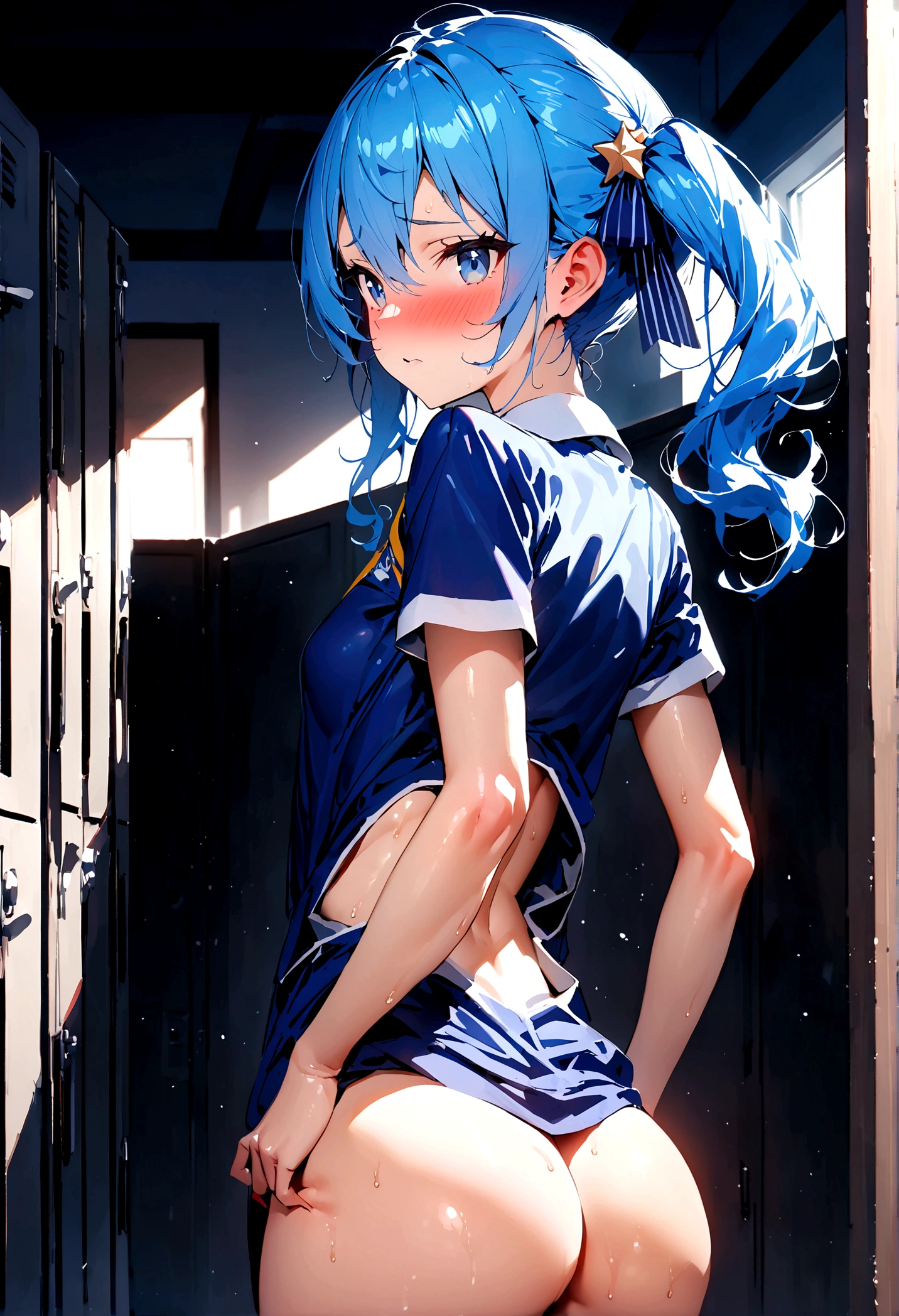 NSFW,masterpiece,Highest quality,High resolution,Super detailed,Star Town Suisei\(Hololive\),Blue Hair,One Side Ponytail,Blue Eyes,Small breasts,Track and field club,uniform,School,locker room,Embarrassed,blush,(In heat),Seduce,Expecting face,From the back,Stick your butt out