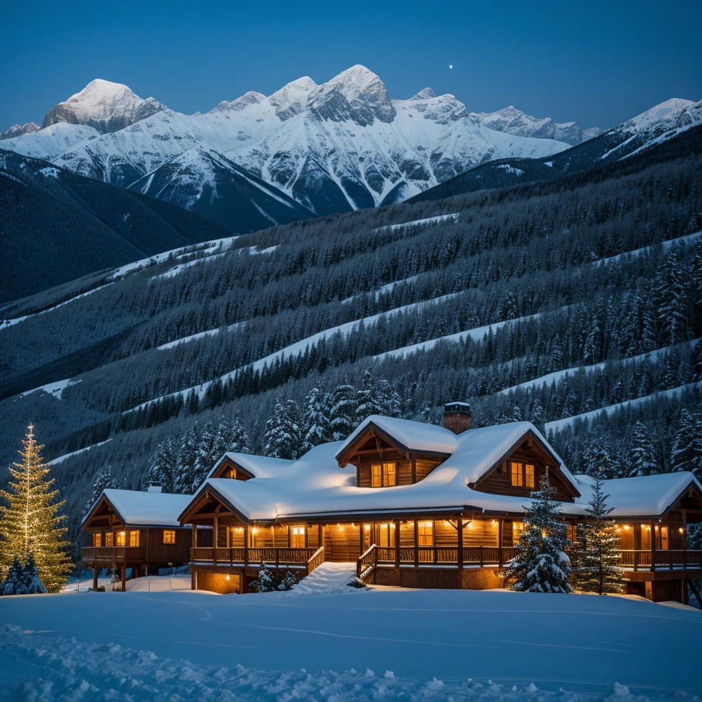 Snowy mountain landscape at night with beautifully decorated southern houses on the mountain