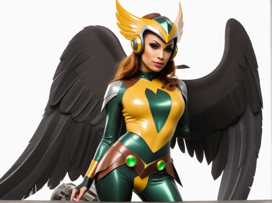 Hawkgirl in a technologically advanced retrofuturistic costume.