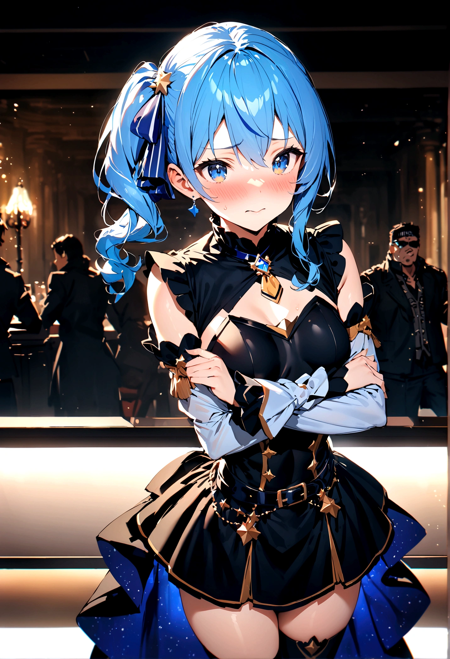NSFW,masterpiece,Highest quality,High resolution,Super detailed,Star Town Suisei\(Hololive\),Blue Hair,One Side Ponytail,Blue Eyes,Small breasts,leotard,Removable sleeves,Micro Mini Skirt,Cape,Fantasy World,inn,Reception counter,Embarrassed,blush,Expecting face,(Strong-faced men),A man puts his hands on her waist and hugs her