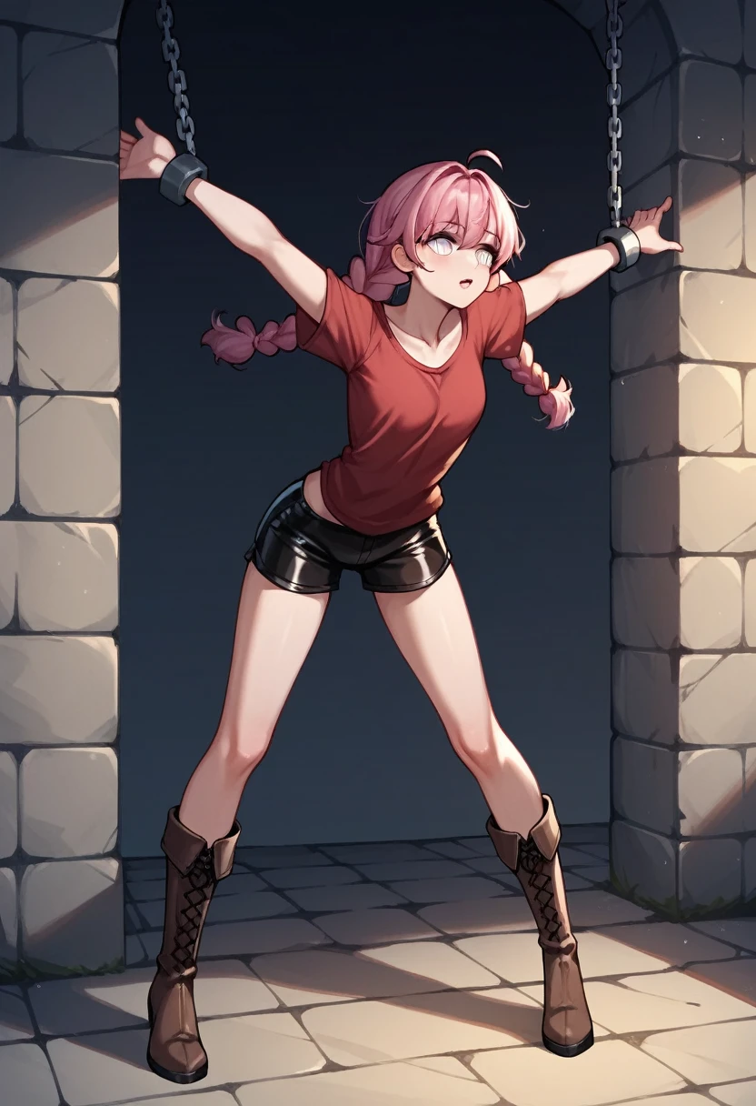 score_9, score_8_up, score_7_up, score_6_up, score_5_up, score_4_up, source_anime, 1girl, worth , pink hair, braids, white eyes, w-w-chain, shackles, spread arms, loose hair, red shirt, shorts ,bend over , black thigh boots,brown boots,latex boots , sexy pose, night , dungeon, best quality, best res, 4K UHD,8K UHD
 