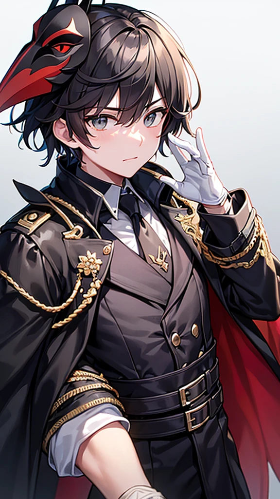 A boy , , with crow mask , a trench coat in swordsman shades with black patterns. , white gloves , with magic