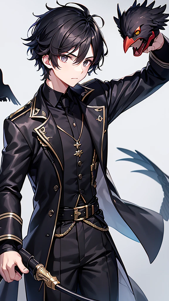 
A boy , , with crow mask  , a trench coat in swordsman shades with black patterns. , white gloves , with magic 