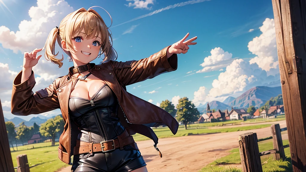 1girl, solo, far view, village, houses, trees, sun, clouds, fantasy, medieval, ((chestnut hair)), short hair, twintail, large breasts, ((brown leather jacket)), brown leather shorts, ((leather clothes)), cleavage 1:3, blue eyes, skirt, grin, looking at the viewer, standing, hair clip, golden necklate, hand on hip