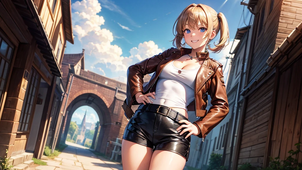 1girl, solo, far view, village, houses, trees, sun, clouds, fantasy, medieval, ((chestnut hair)), short hair, twintail, large breasts, ((brown leather jacket)), brown leather shorts, ((leather clothes)), cleavage 1:3, blue eyes, skirt, grin, looking at the viewer, standing, hair clip, golden necklate, hand on hip
