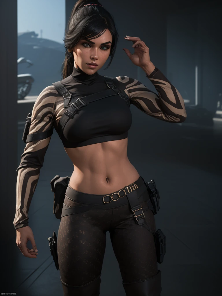 (full body portrait, 1 girl, looking at viewer, highly detailed, anatomy correct:1.4), tactical gear, coffee knee boots, (athletic body:1.3), coffee leggings, jewelry, black hair, ponytail hair, ski mask, (perfect face and hands:1.4), ((Best quality, masterpiece, Very beautiful woman)), Depth-of-field, Multi-layered textures, HDR (High Dynamic Range), Ray Tracing, NVIDIA RTX, Unreal 5, Subsurface scattering, PBR Texturing, Post-processing, Anisotropic Filtering, Maximum clarity and sharpness, Wide aperture, Low ISO, White balance, Rule of thirds, 8K RAW, (extremely slutty), (Highly realistic skin), sharp image, (extremely high quality artwork), ((no weapons)),