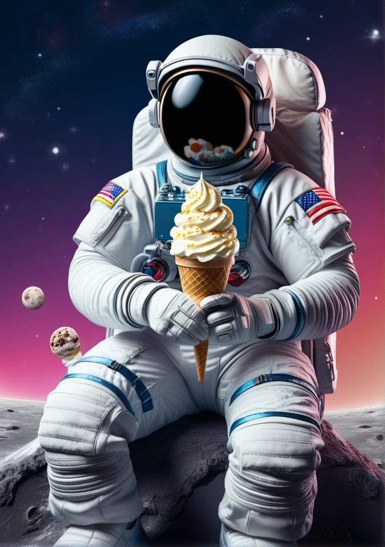 astronaut sitting holding an ice cream, front view, digital illustration