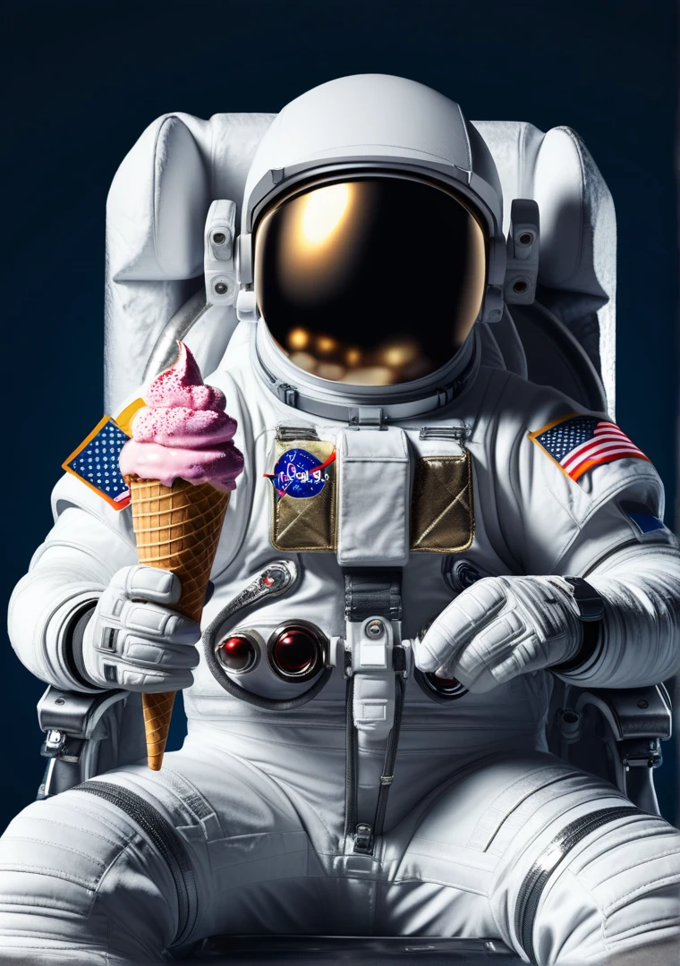 astronaut sitting holding an ice cream, front view, digital illustration