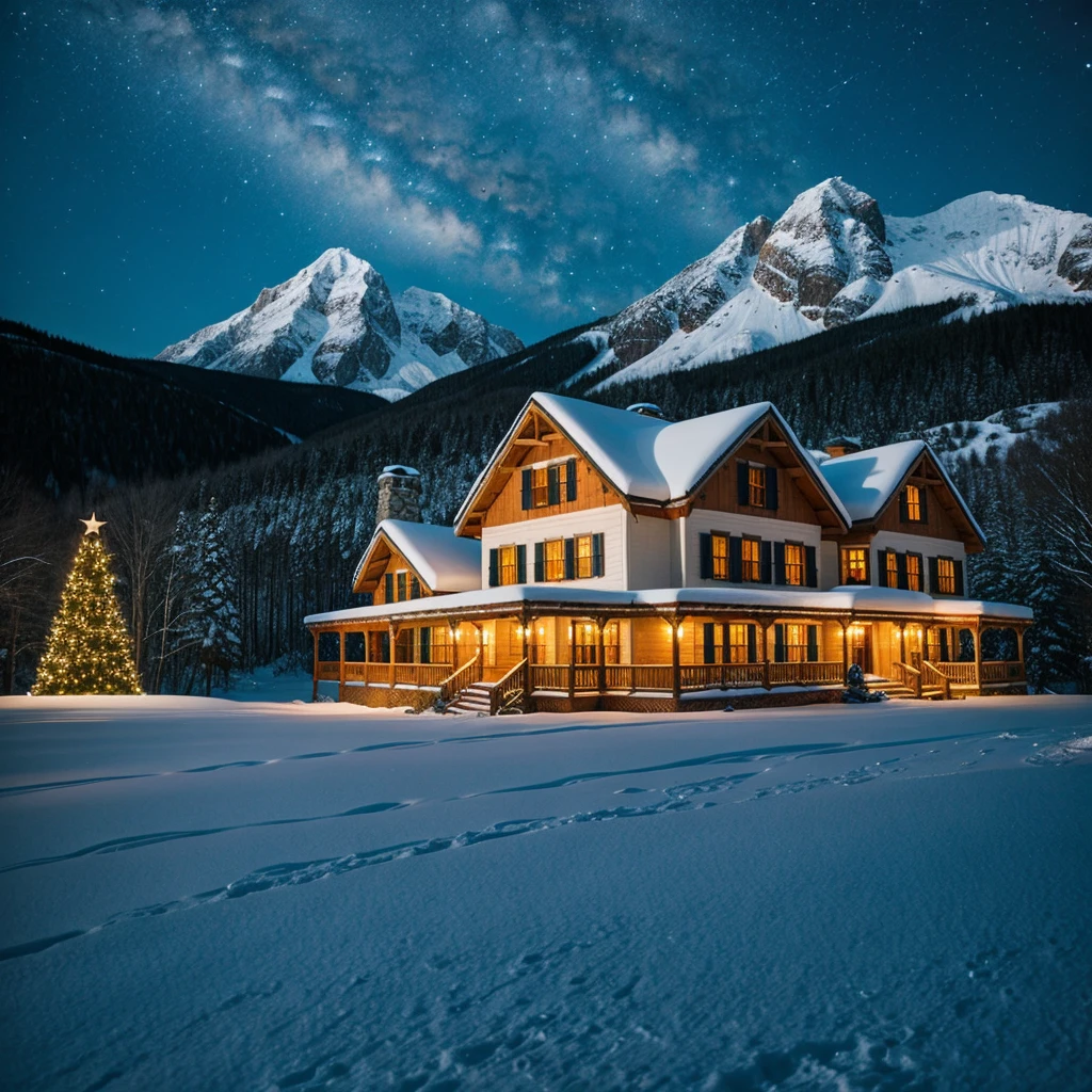 Snowy mountain landscape at night with beautifully decorated southern houses on the mountain