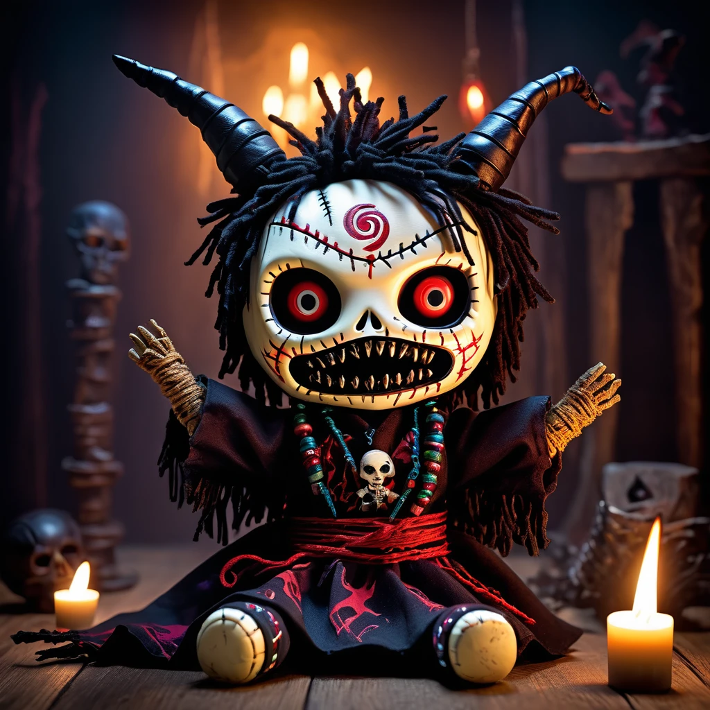 (knitted toy voodoo doll:1.5), (Voodoo Screamer Demon:1.3), (Clothing: tattered demonic robes with jagged patterns:1.0), (Accessories: enchanted cursed screamer horn, glowing sinister demonic mask:1.1), (background: eerie dark dungeon with flickering lights, eerie screams, and ghostly figures:1.2), best quality, masterpiece, detailed soft oil painting, detailed background, dramatic cinematic lighting, soft edge lighting, professional, dramatic lighting, hard edge lighting, ultra quality, 4k, masterpiece, best quality, 8k, ultra high definition, high resolution, extremely detailed