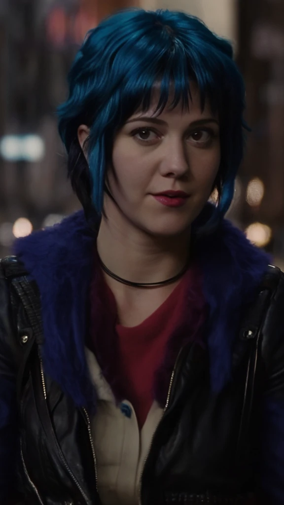 a picture of (ohwx woman:1.1), blue short bob hair,realistic, photorealistic, detailed skin, surface scattering, bokeh, skin pores,  city streets,wearing a jacket,outdoors, looking at viewer,detailed face,subtle smile, Ramona flowers  hair,with blue hair  