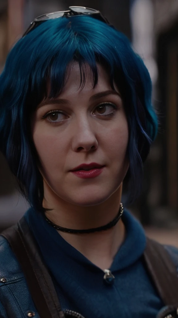 a picture of (ohwx woman:1.1), blue short bob hair,realistic, photorealistic, detailed skin, surface scattering, bokeh, skin pores,  city streets,wearing a jacket,outdoors, looking at viewer,detailed face,subtle smile, Ramona flowers  hair,with blue hair  