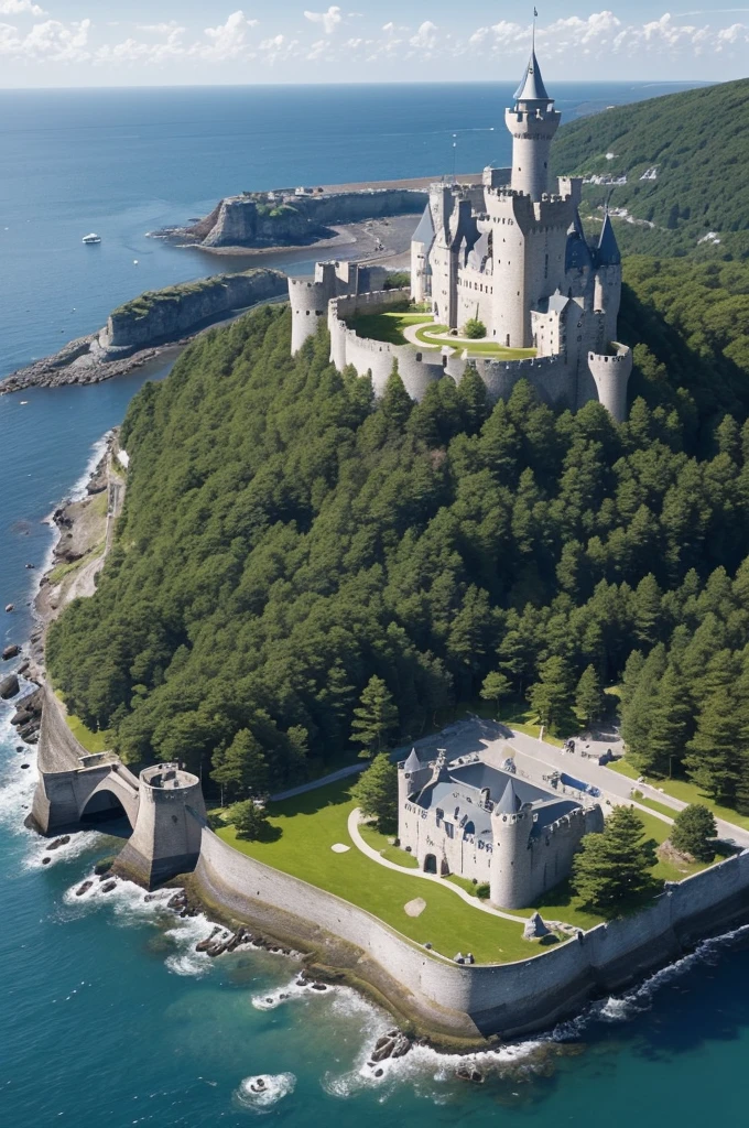 A white Northern castle in a hillside surrounded by a pine forest with a medium-sized harbour.
The castle walls are grey and the castle triangular watchtowers's roofs are blue.
The shell keep has a green domed roof.
The castle has a godswood with a weirwood tree.