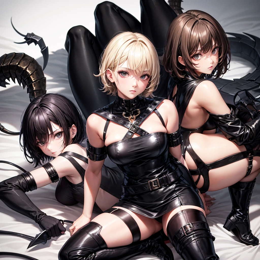 Messy short hair with a transition from dark brown to light blond, black eyes, black short dress, dagger, scorpion tail to match hair color, stockings, black boots, girl