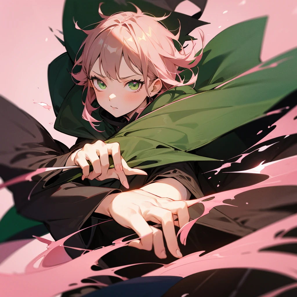 An Anime girl in black clover style with a black coat with short brown hair and pink highlights with green eyes