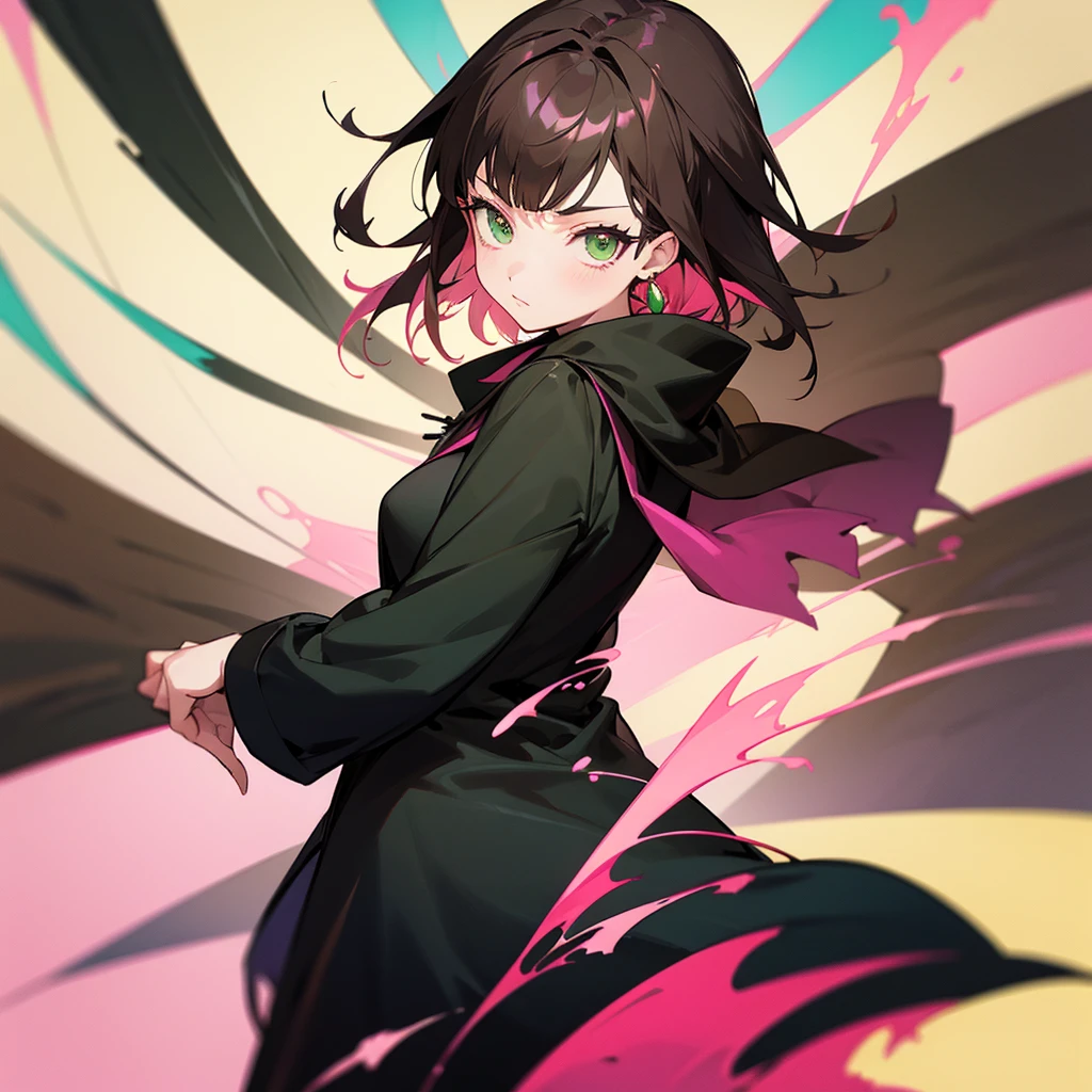 An Anime girl in black clover style with a black coat with short brown hair and pink highlights with green eyes