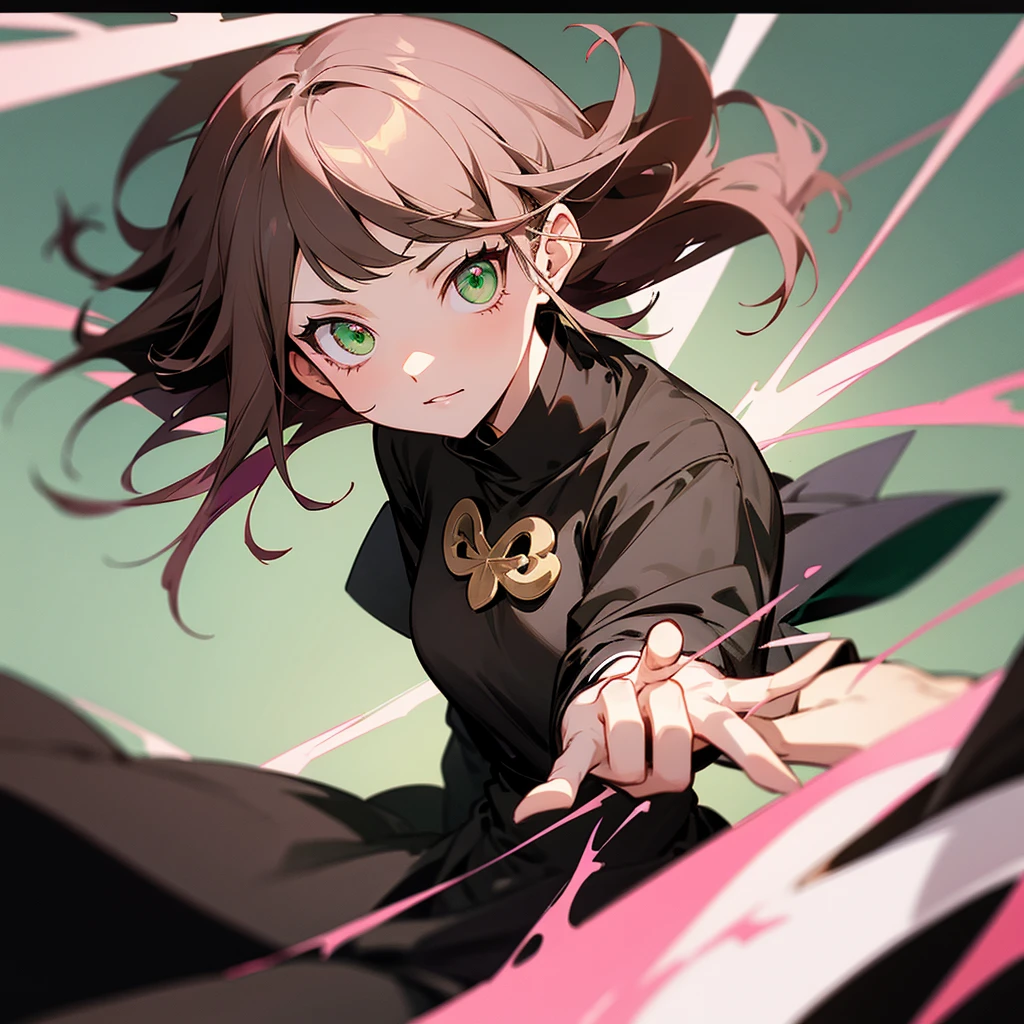 An Anime girl in black clover style with a black coat with short brown hair and pink highlights with green eyes