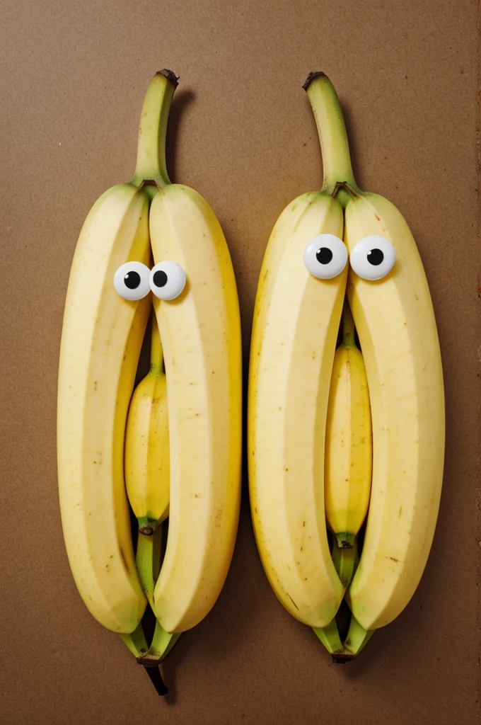 Generate me two comic bananas with faces, who embrace