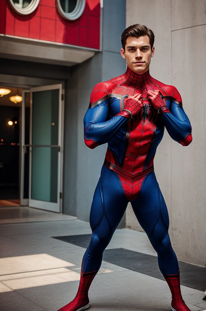 Standing spiderman holding plate with both hands