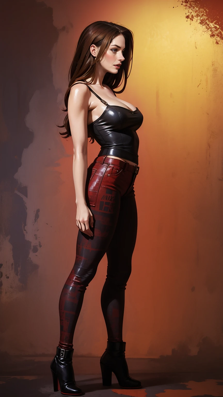 Sexy style, seductive look, full body, side view, pose dynamics, high contrast, cinematic lighting, digital painting, illustration, (masterpiece, best quality:1.2), (red grunge background:1.5)