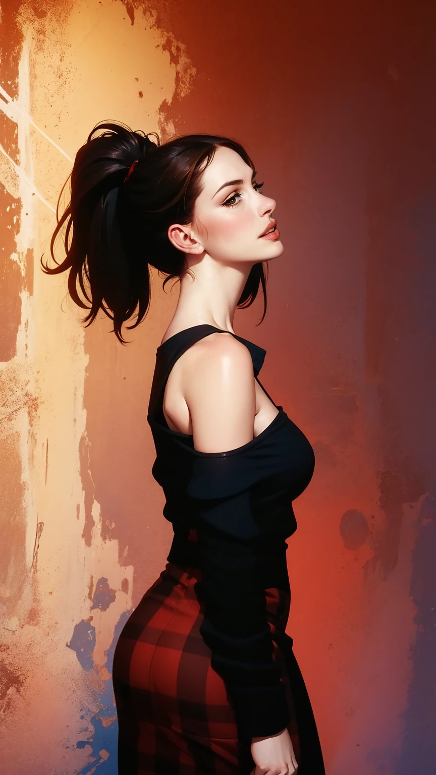 Sexy style, seductive look, full body, side view, pose dynamics, high contrast, cinematic lighting, digital painting, illustration, (masterpiece, best quality:1.2), (red grunge background:1.5)