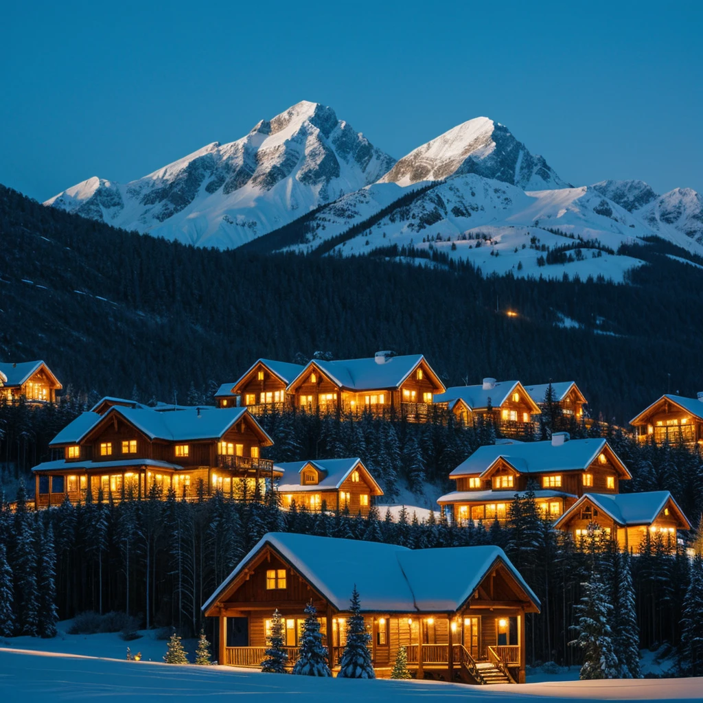 Snowy mountain landscape at night with beautifully decorated southern houses on the mountain