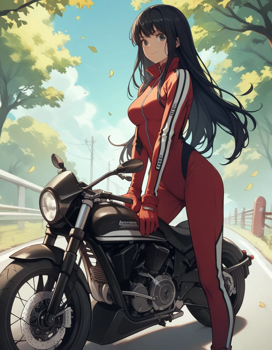 score_9, score_8_up, score_7_up, score_6_up, score_5_up, score_4_up, source_anime,
terayama reiko, black hair, long hair, bikesuit,
1girl, motorcycle, confident, outdoors, blue sky