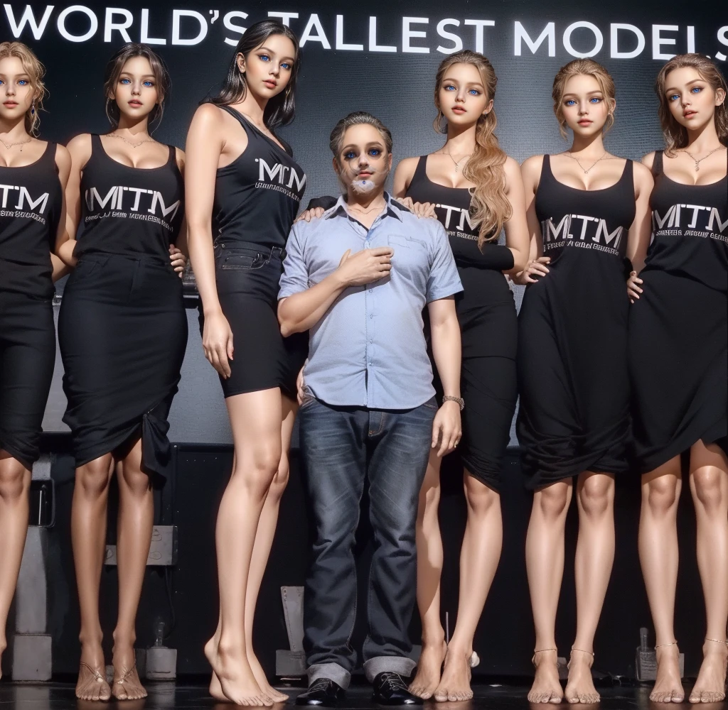 Three tall girls on the lfe left, three tall girls in the right, short man in the middle, the girls are much taller than the man, girls have big and cleavage, girls are wearing black, man is wearing blue shirt, girls are standing barefoot, man is wearing shoes,