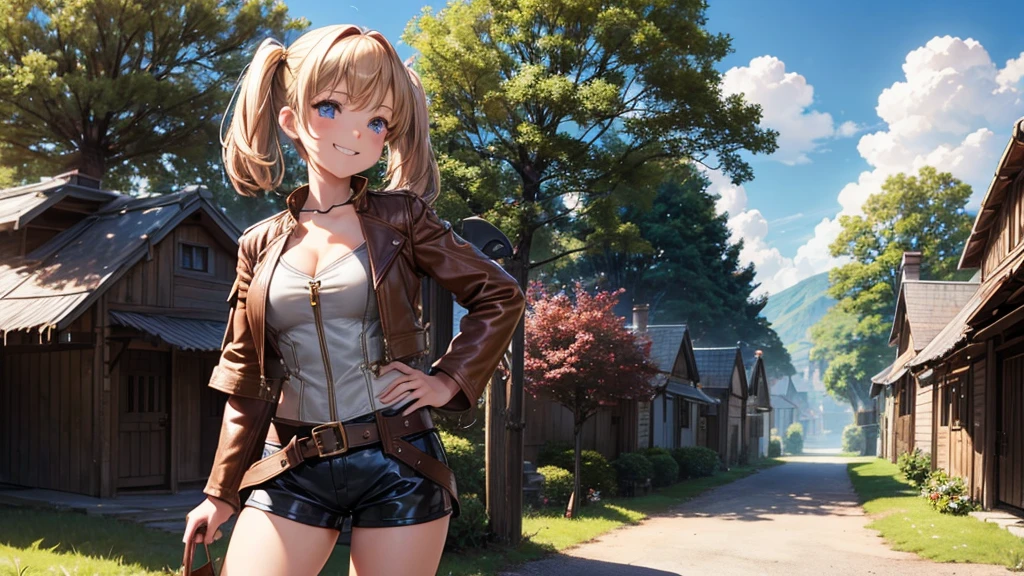 1girl, solo, far view, village, houses, trees, sun, clouds, fantasy, medieval, ((chestnut hair)), short hair, twintail, large breasts, ((brown leather jacket)), brown leather shorts, ((leather clothes)), cleavage 1:3, blue eyes, skirt, grin, looking at the viewer, standing, hair clip, golden necklate, hand on hip