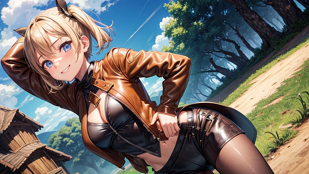 1girl, solo, far view, village, houses, trees, sun, clouds, fantasy, medieval, ((chestnut hair)), short hair, twintail, large breasts, ((brown leather jacket)), brown leather shorts, ((leather clothes)), cleavage 1:3, blue eyes, skirt, grin, looking at the viewer, standing, hair clip, golden necklate, hand on hip